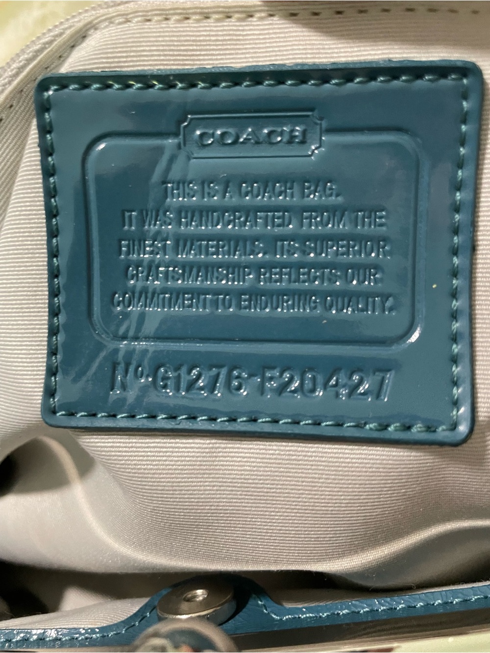 2012 Coach Kisslock in Teal and Silver Signature Jacquard Tote with Leather Trim - Picture 7 of 16